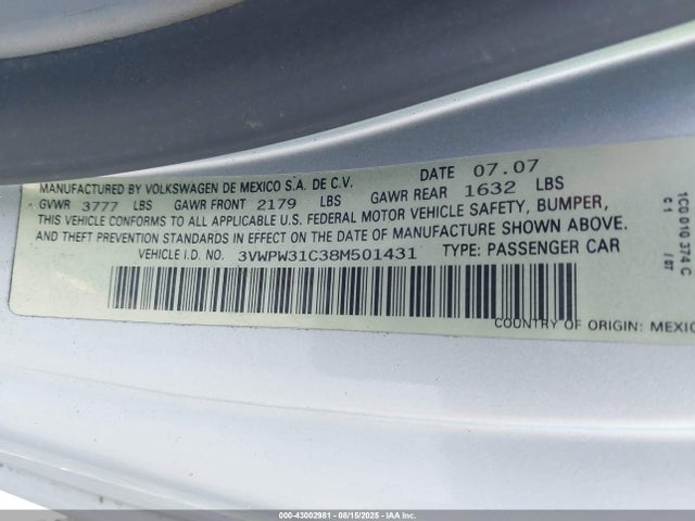 Продажа на аукционе авто 2008 Volkswagen New Beetle S, vin: 3VWPW31C38M501431, номер лота: 43002981