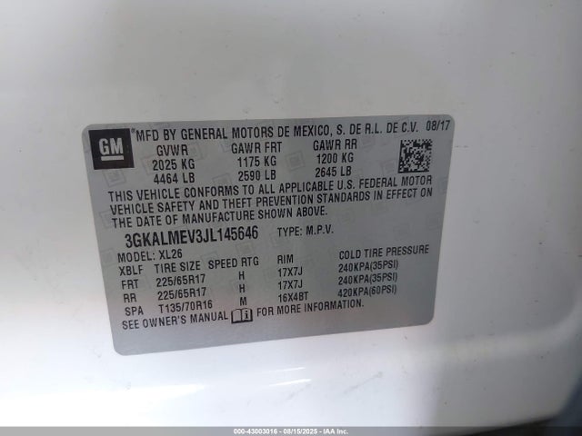 3GKALMEV3JL145646 GMC lyx - direct injection, vvt, fgt, turbo, alum, gen 1