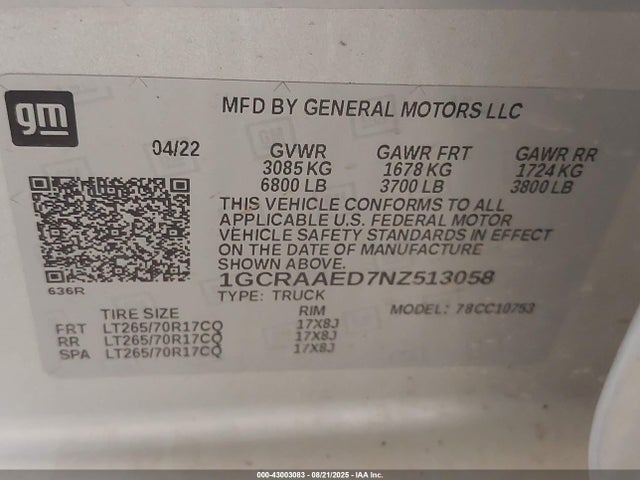 1GCRAAED7NZ513058 Chevrolet Silverado 1500 2wd Double Cab Standard Bed Wt