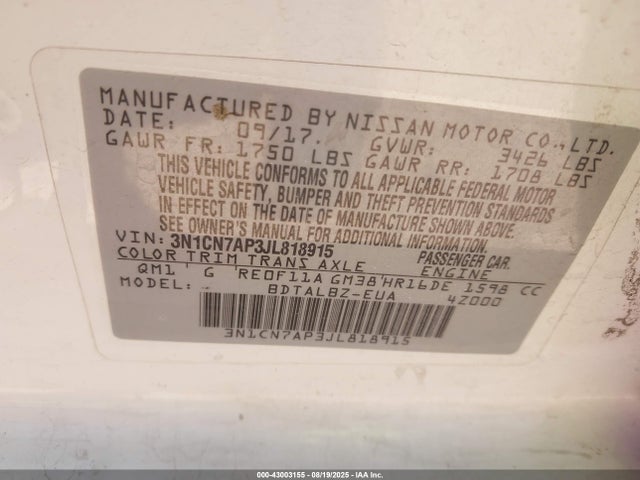 3N1CN7AP3JL818915 Nissan Versa