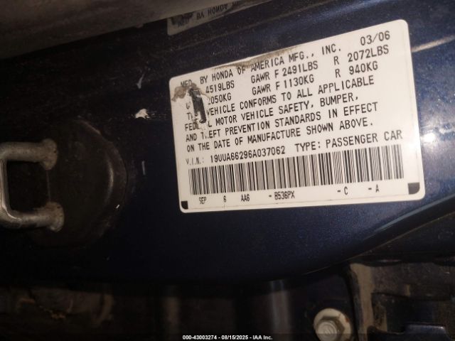 2006 ACURA TL 19UUA66296A037062 Photo 8