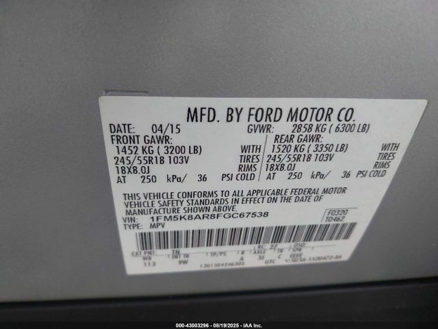 1FM5K8AR8FGC67538 Ford 2015