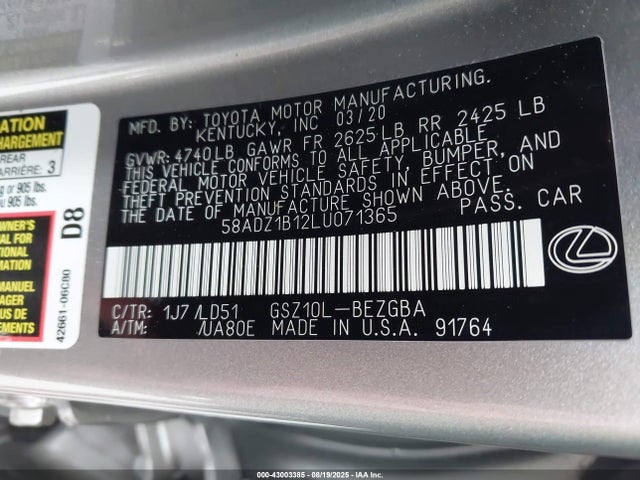 58ADZ1B12LU071365 Lexus 2gr-fks