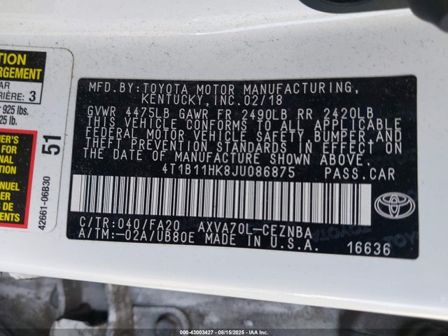 4T1B11HK8JU086875 Toyota a25a-fks