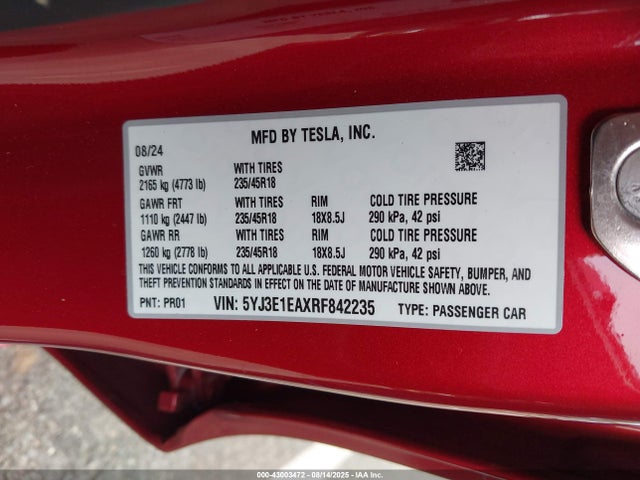 2024 TESLA MODEL 3 5YJ3E1EAXRF842235 Photo 8