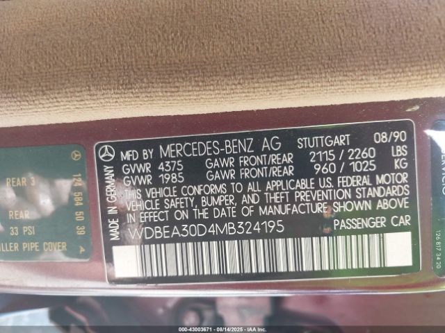 1991 MERCEDES-BENZ 300 WDBEA30D4MB324195 Photo 8