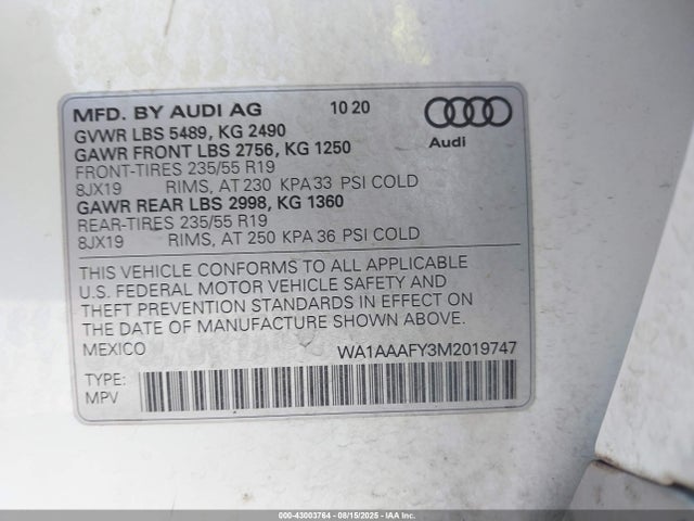 2021 AUDI Q5 WA1AAAFY3M2019747 Photo 8