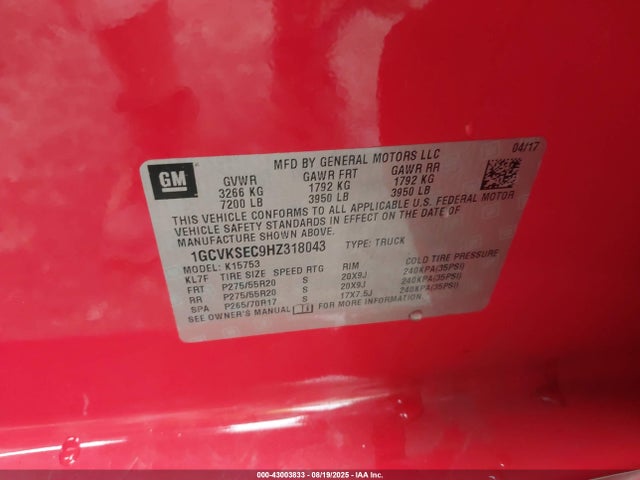 1GCVKSEC9HZ318043 Chevrolet l83 - sidi: spark ignited direct injection, vvt: variable valve timing, afm, e85 max, alum