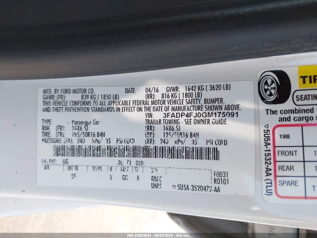 3FADP4FJ0GM175091 Ford 1.6l ti-vct premium fuel