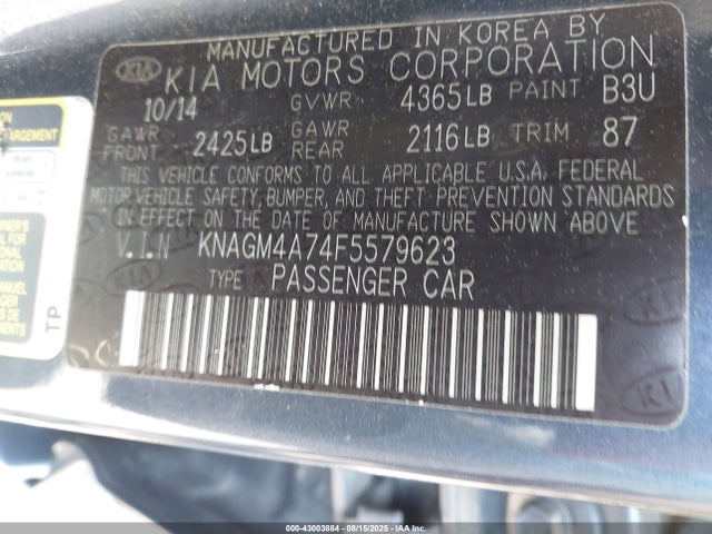 2015 Kia Optima Lx მანქანა იყიდება აუქციონზე, vin: KNAGM4A74F5579623, აუქციონის ნომერი: 43003884