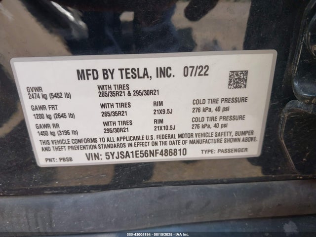 Tesla MODEL S 2022 5YJSA1E56NF486810 Image 9