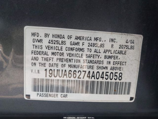 2004 ACURA TL 19UUA66274A045058 Photo 8