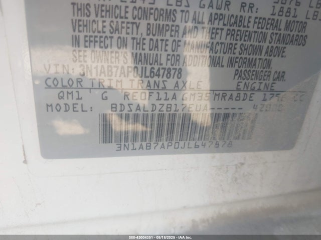3N1AB7AP0JL647878 Nissan Sentra