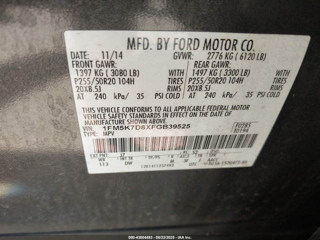 Продаж на аукціоні авто 2015 Ford Explorer Xlt, vin: 1FM5K7D8XFGB39525, номер лоту: 43004493