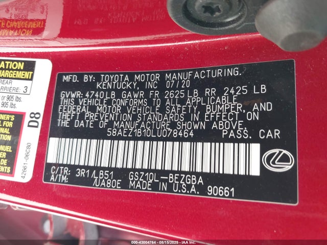Lexus 2gr-fks 2020 58AEZ1B10LU078464 Image 9