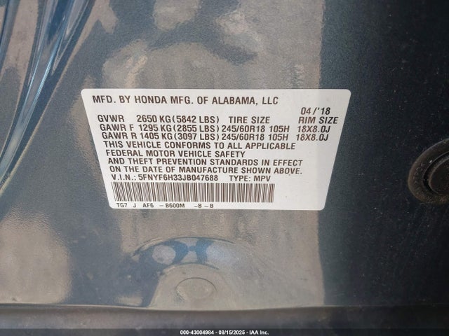 Honda j35y6 2018 5FNYF6H33JB047688 Image 9