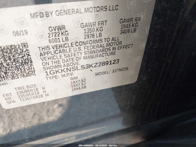 1GKKNSLS3KZ289123 GMC lgx - direct injection, variable valve timing, alum, gen 2