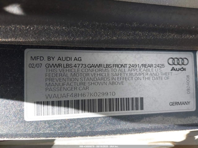 2007 AUDI A4 WAUAF48H67K029910 Photo 8