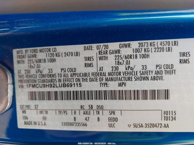 Ford gtdi, 240ps 2020 1FMCU9H92LUB69115 Image 9
