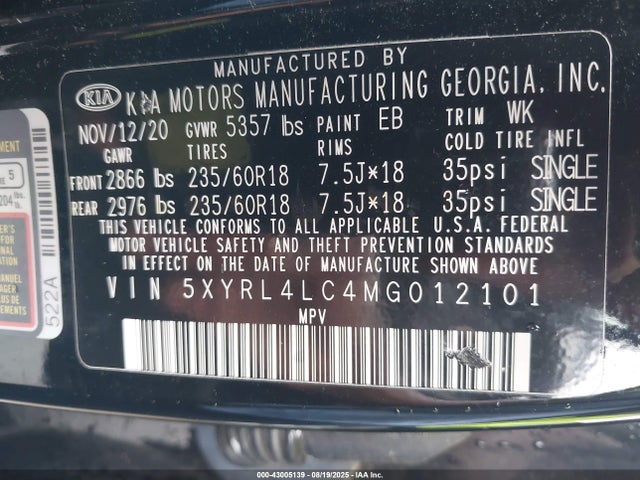 5XYRL4LC4MG012101 KIA gdi theta-iii