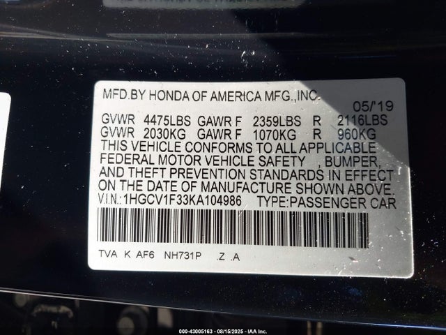 1HGCV1F33KA104986 Honda l15be