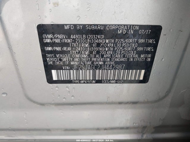 Subaru naturally aspirated u5 2018 JF2SJAGC2JH442987 Image 9