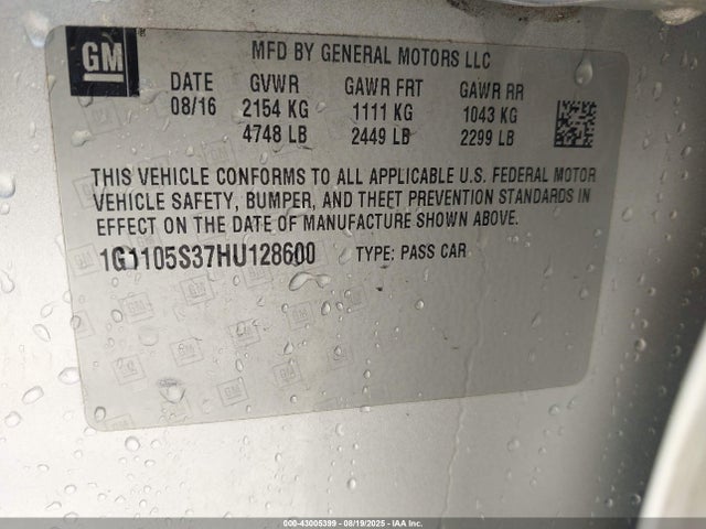 1G1105S37HU128600 Chevrolet lfx - sidi: spark ignited direct injection, vvt, e85 max, alum