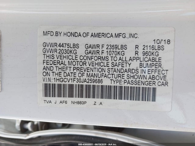 Honda l15be 2018 1HGCV1F30JA259686 Image 9