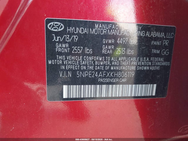 5NPE24AFXKH806119 Hyundai gdi theta-ii