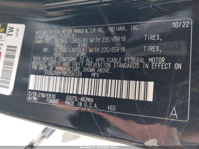 5TDGZRBH1NS256339 Toyota 2gr-fks