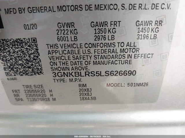 Aukcja sprzedaży 2020 Chevrolet Blazer Awd Premier, vin: 3GNKBLRS5LS626690, numer aukcji: 43005894