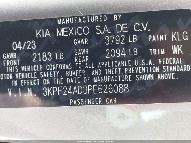 3KPF24AD3PE626088 KIA mpi nu