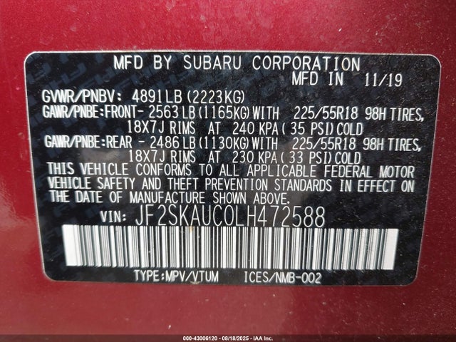 JF2SKAUC0LH472588 Subaru naturally aspirated u5