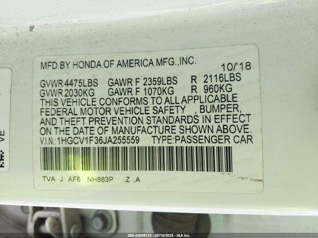 1HGCV1F36JA255559 Honda l15be
