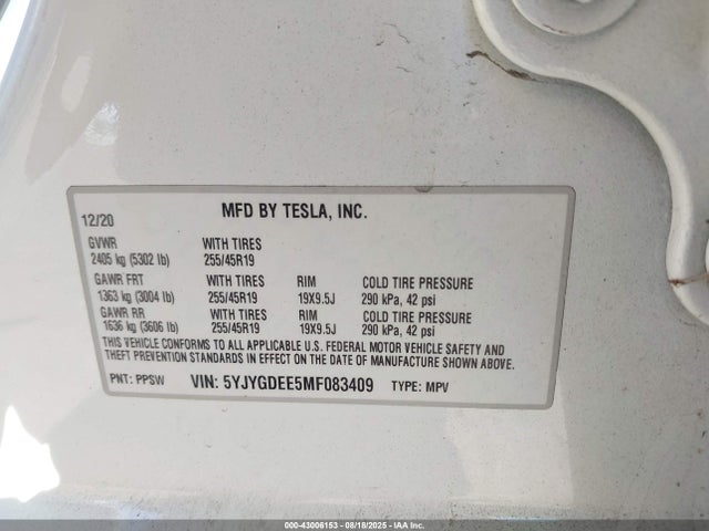 2021 TESLA MODEL Y 5YJYGDEE5MF083409 Photo 8