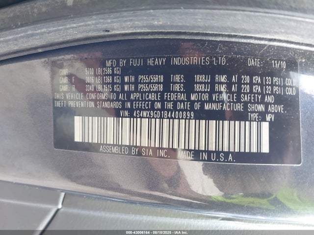 43006164 :رقم المزاد ، 4S4WX9GD1B4400899 vin ، 2011 Subaru Tribeca 3.6r Limited مزاد بيع