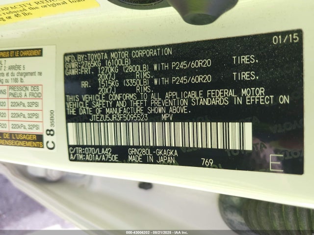 JTEZU5JR3F5095523 Toyota 1gr-fe