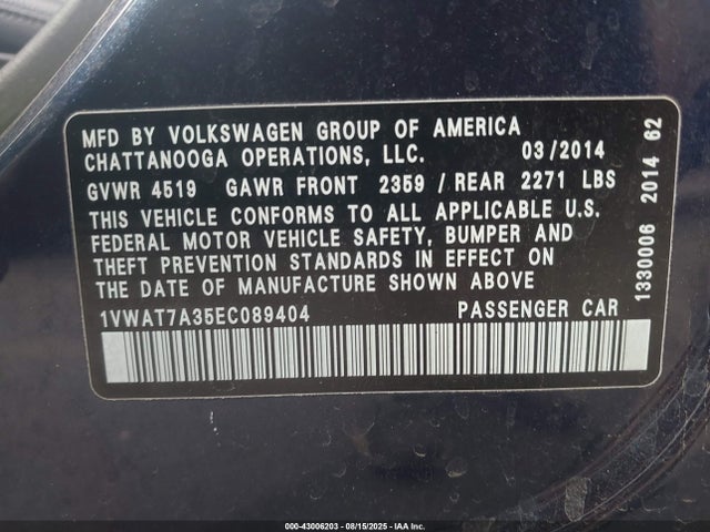 Volkswagen Passat 1.8t Wolfsburg Edition 2014 1VWAT7A35EC089404 Image 9