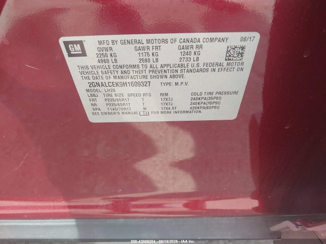 Chevrolet EQUINOX LT 2017 2GNALCEK9H1609327 Image 9