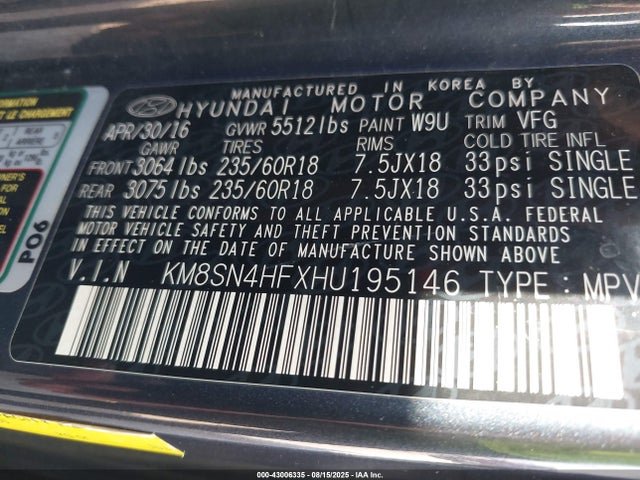 KM8SN4HFXHU195146 Hyundai gdi lambda ii