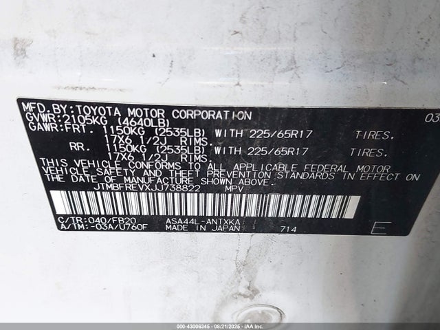 JTMBFREVXJJ738822 Toyota 2ar-fe