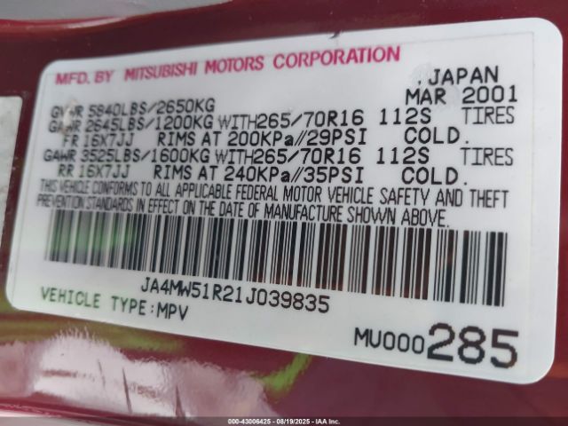 2001 MITSUBISHI MONTERO JA4MW51R21J039835 Photo 8