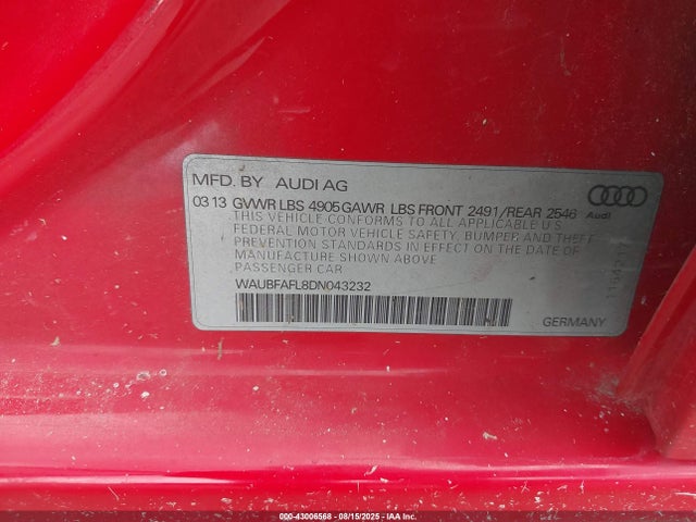 2013 AUDI A4 WAUBFAFL8DN043232 Photo 8