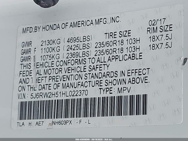 5J6RW2H51HL022370 Honda l15be