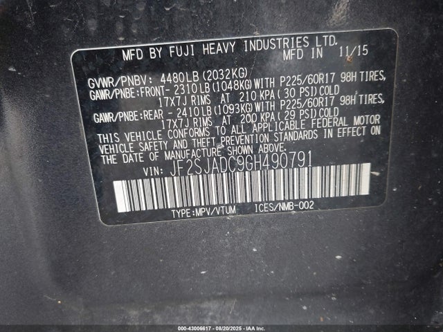 JF2SJADC9GH490791 Subaru naturally aspirated u5