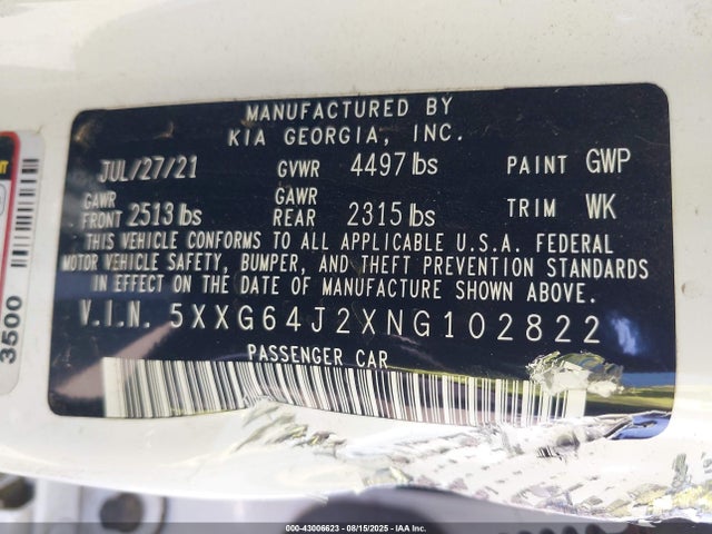 5XXG64J2XNG102822 KIA t-gdi gamma ii