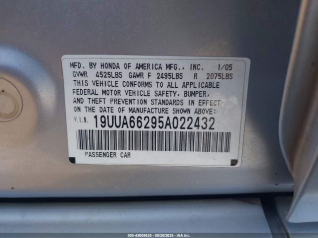 2005 ACURA TL 19UUA66295A022432 Photo 8