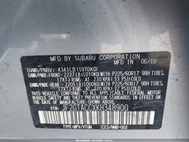 JF2GTACCXKH348900 Subaru naturally aspirated