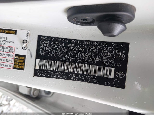 JTDZN3EU6HJ057718 Toyota 2zr-fxe, 5jm