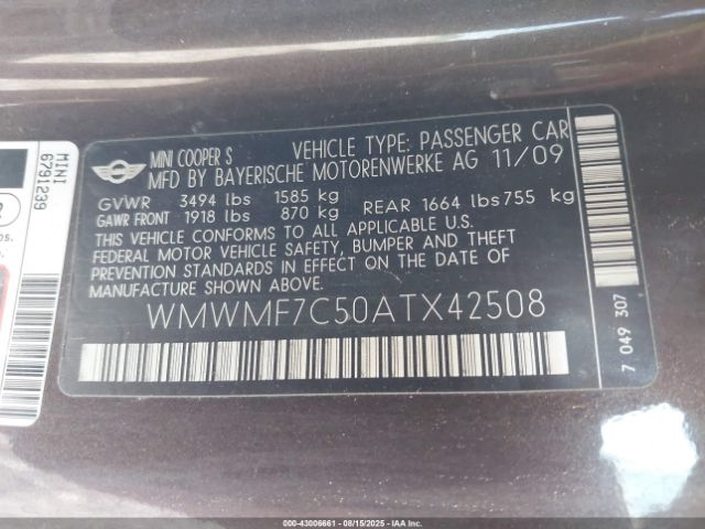 2010 MINI COOPER S WMWMF7C50ATX42508 Photo 8